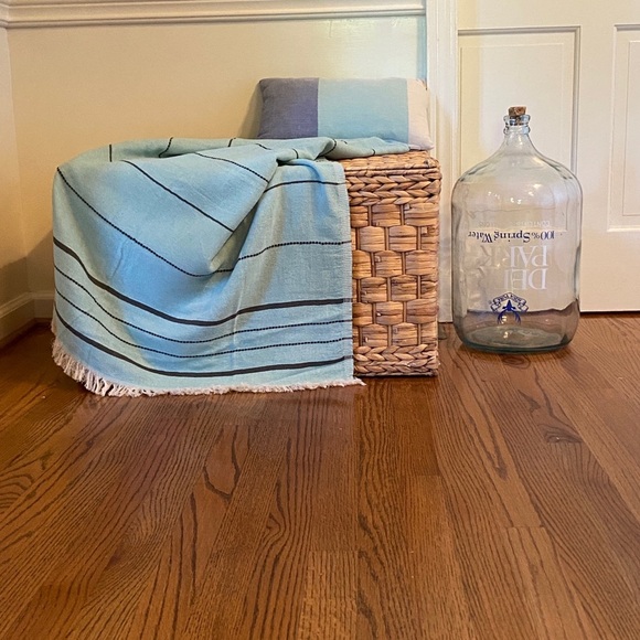 Organic Cotton Throw Blanket Water Green Black Minimal Stripe Boho Coastal Set 2 - Picture 8 of 9